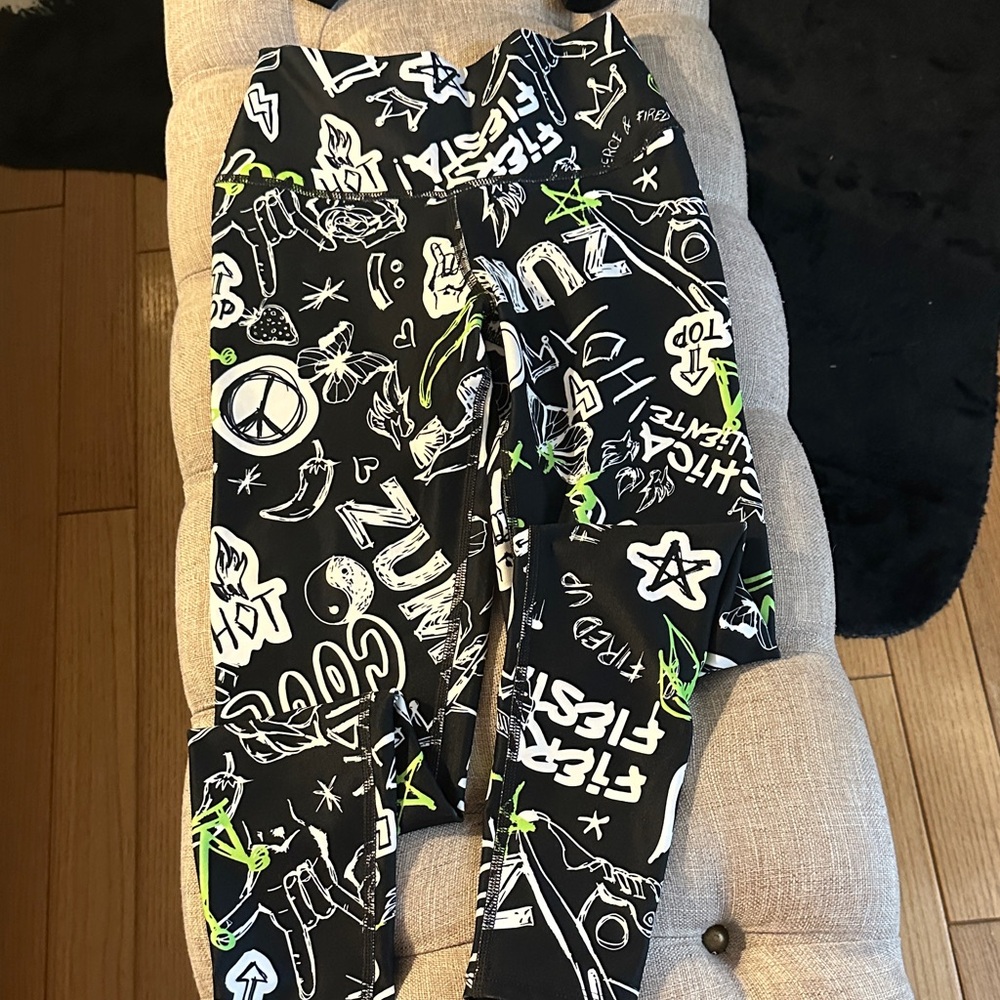 Zumba Fitness Black Leggings with White Graphic and Neon Green Accents
